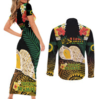 Vanuatu Triton's Trumpet Couples Matching Short Sleeve Bodycon Dress and Long Sleeve Button Shirt Tropical Flowers Vanuatuan Map LT14 - Polynesian Pride