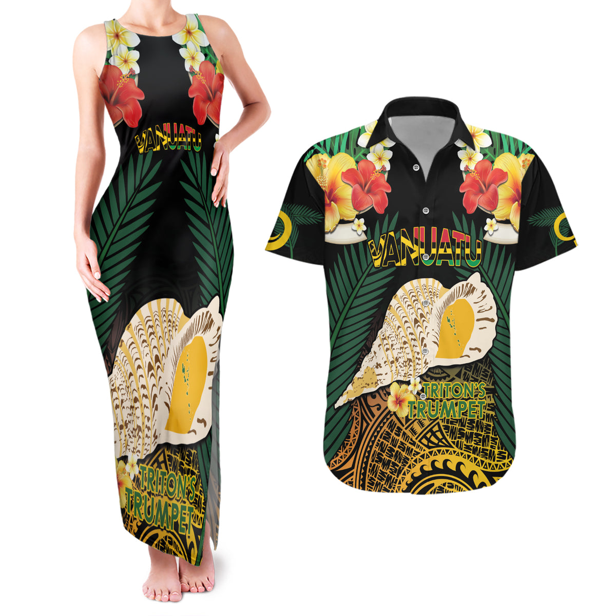 Vanuatu Triton's Trumpet Couples Matching Tank Maxi Dress and Hawaiian Shirt Tropical Flowers Vanuatuan Map LT14 Black - Polynesian Pride