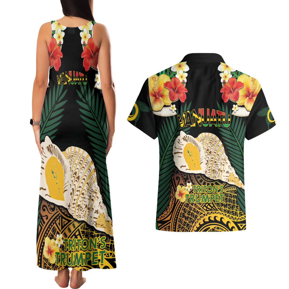 Vanuatu Triton's Trumpet Couples Matching Tank Maxi Dress and Hawaiian Shirt Tropical Flowers Vanuatuan Map LT14 - Polynesian Pride
