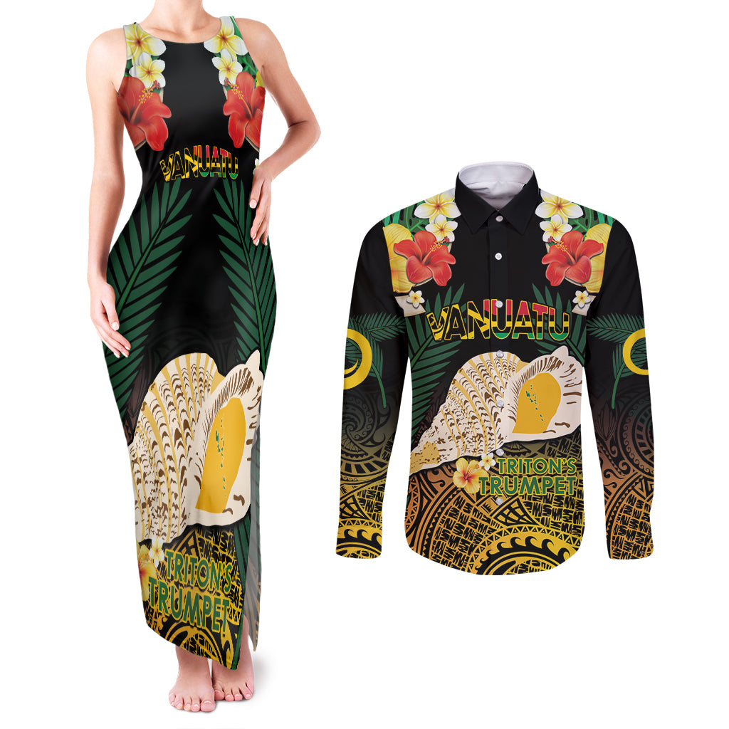 Vanuatu Triton's Trumpet Couples Matching Tank Maxi Dress and Long Sleeve Button Shirt Tropical Flowers Vanuatuan Map LT14 Black - Polynesian Pride