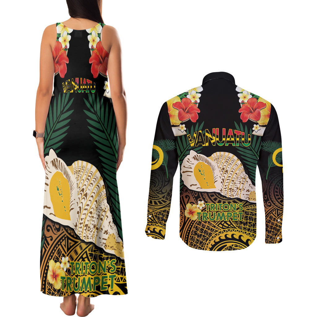 Vanuatu Triton's Trumpet Couples Matching Tank Maxi Dress and Long Sleeve Button Shirt Tropical Flowers Vanuatuan Map LT14 - Polynesian Pride