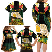 Vanuatu Triton's Trumpet Family Matching Long Sleeve Bodycon Dress and Hawaiian Shirt Tropical Flowers Vanuatuan Map LT14 - Polynesian Pride