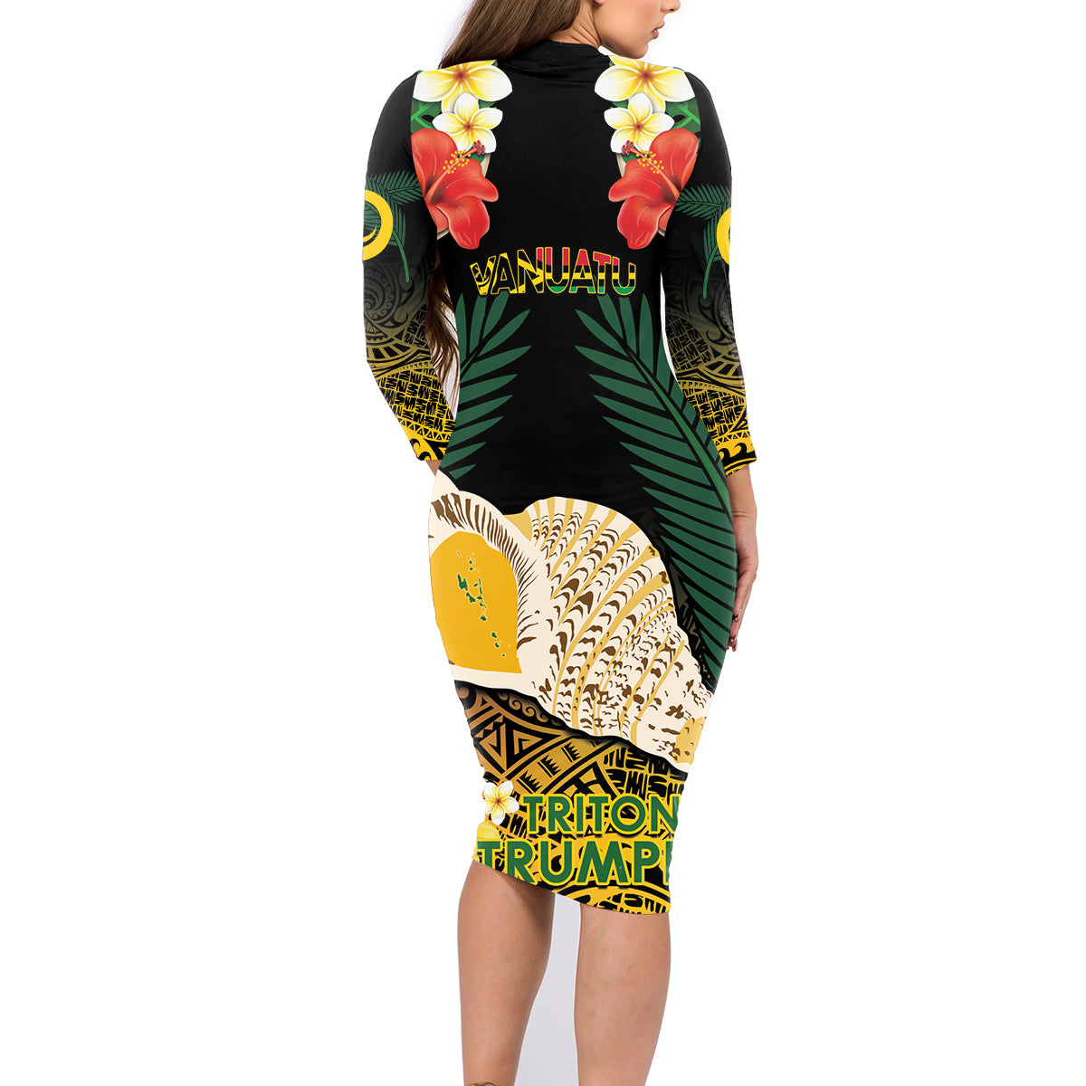 Vanuatu Triton's Trumpet Family Matching Long Sleeve Bodycon Dress and Hawaiian Shirt Tropical Flowers Vanuatuan Map LT14 - Polynesian Pride