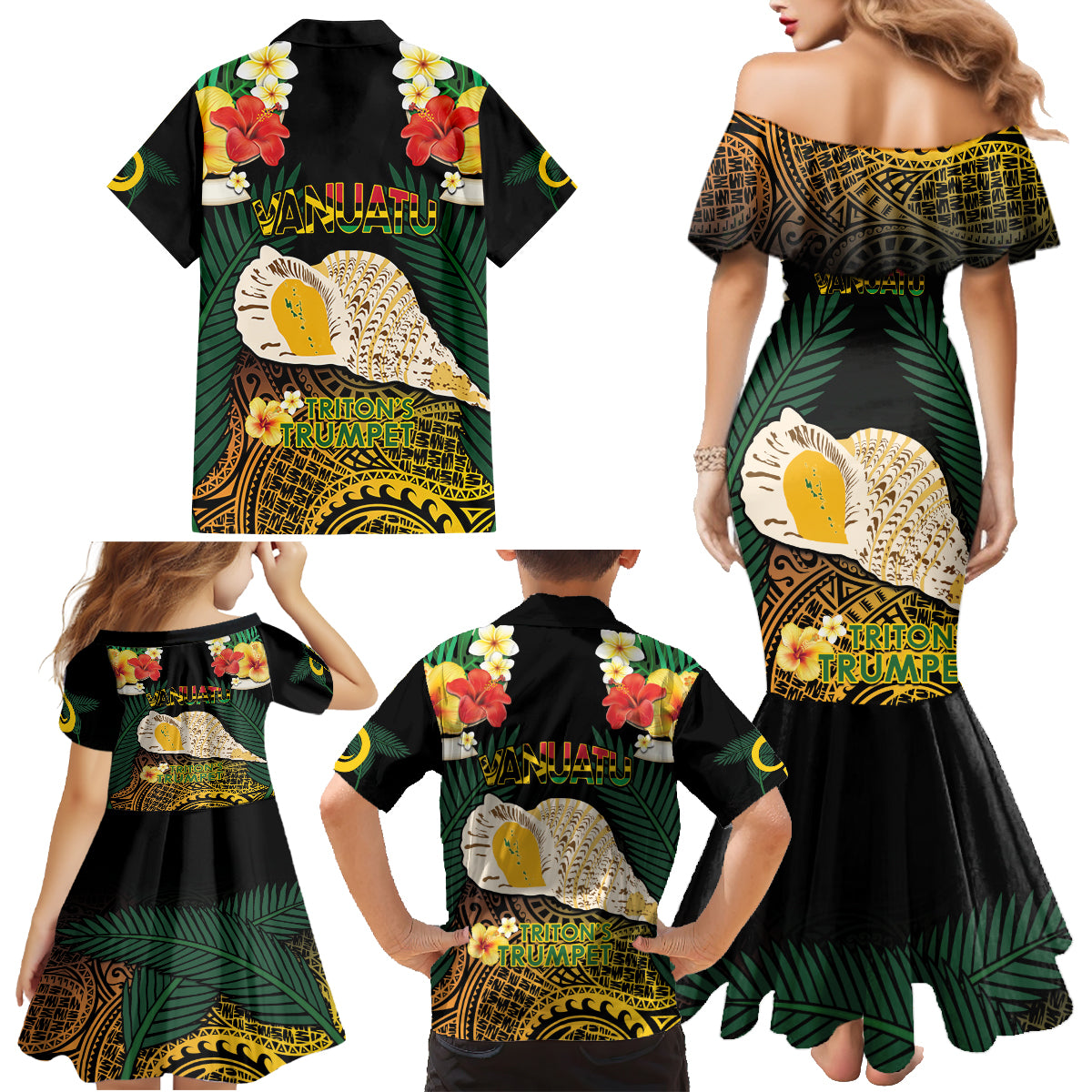 Vanuatu Triton's Trumpet Family Matching Mermaid Dress and Hawaiian Shirt Tropical Flowers Vanuatuan Map LT14 - Polynesian Pride