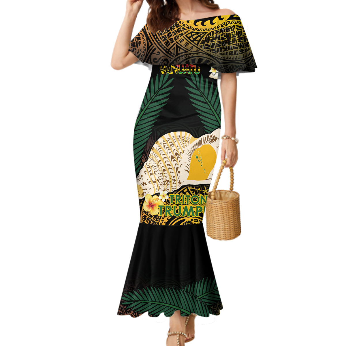 Vanuatu Triton's Trumpet Family Matching Mermaid Dress and Hawaiian Shirt Tropical Flowers Vanuatuan Map LT14 Mom's Dress Black - Polynesian Pride