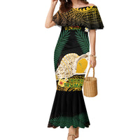 Vanuatu Triton's Trumpet Family Matching Mermaid Dress and Hawaiian Shirt Tropical Flowers Vanuatuan Map LT14 Mom's Dress Black - Polynesian Pride