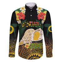 Vanuatu Triton's Trumpet Family Matching Off The Shoulder Long Sleeve Dress and Hawaiian Shirt Tropical Flowers Vanuatuan Map LT14 Dad's Shirt - Long Sleeve Black - Polynesian Pride