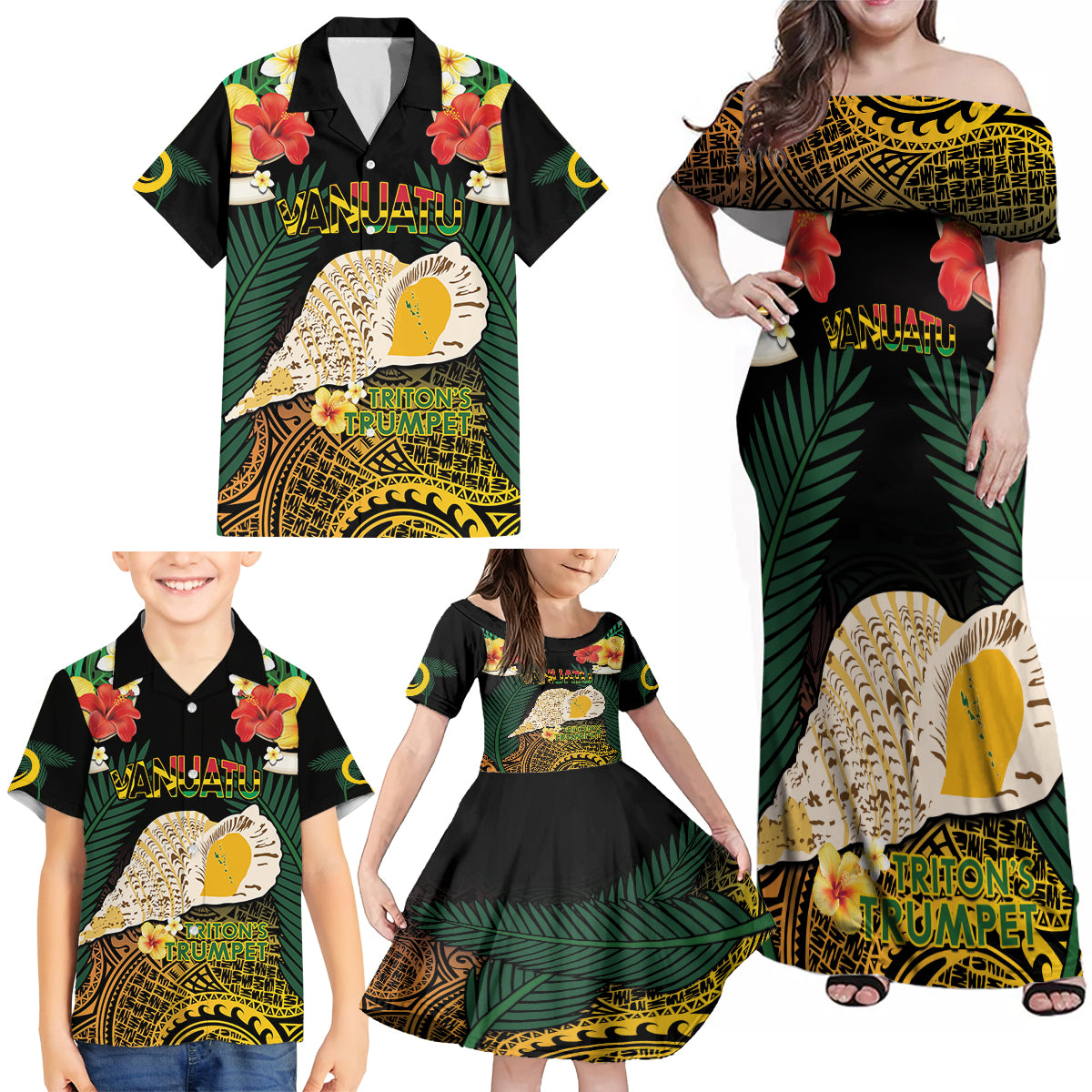 Vanuatu Triton's Trumpet Family Matching Off Shoulder Maxi Dress and Hawaiian Shirt Tropical Flowers Vanuatuan Map LT14 - Polynesian Pride