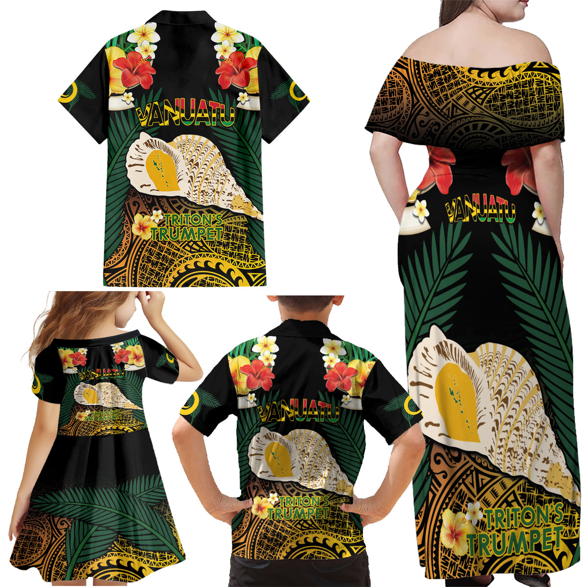 Vanuatu Triton's Trumpet Family Matching Off Shoulder Maxi Dress and Hawaiian Shirt Tropical Flowers Vanuatuan Map LT14 - Polynesian Pride