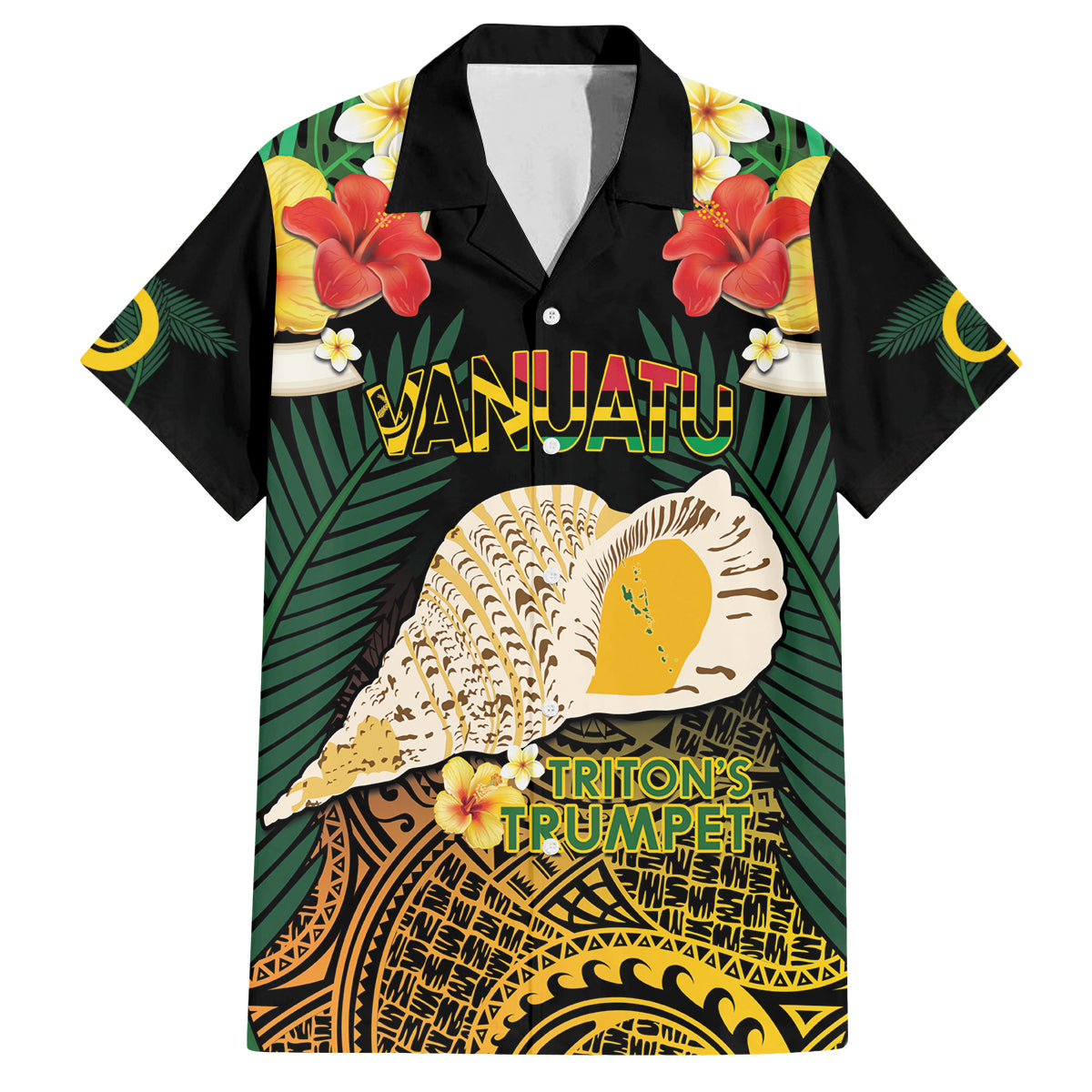Vanuatu Triton's Trumpet Family Matching Off Shoulder Maxi Dress and Hawaiian Shirt Tropical Flowers Vanuatuan Map LT14 Dad's Shirt - Short Sleeve Black - Polynesian Pride