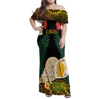 Vanuatu Triton's Trumpet Family Matching Off Shoulder Maxi Dress and Hawaiian Shirt Tropical Flowers Vanuatuan Map LT14 Mom's Dress Black - Polynesian Pride