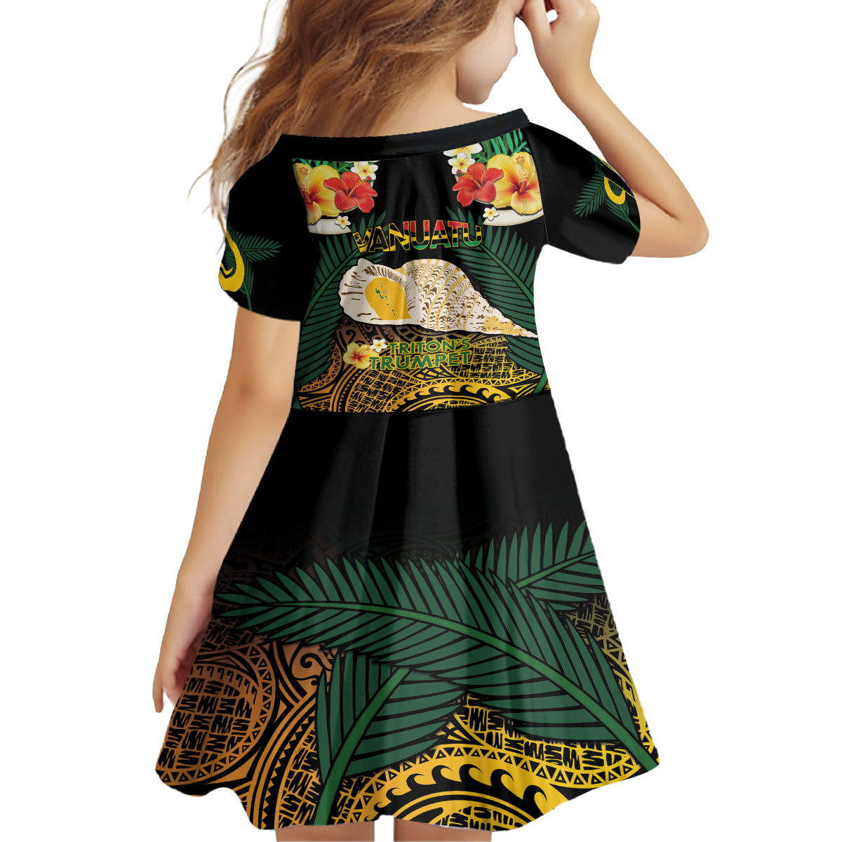 Vanuatu Triton's Trumpet Family Matching Off Shoulder Short Dress and Hawaiian Shirt Tropical Flowers Vanuatuan Map LT14 - Polynesian Pride