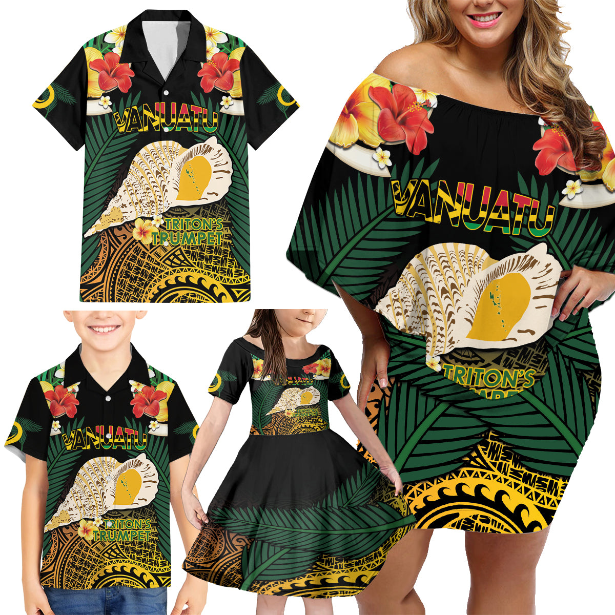 Vanuatu Triton's Trumpet Family Matching Off Shoulder Short Dress and Hawaiian Shirt Tropical Flowers Vanuatuan Map LT14 - Polynesian Pride