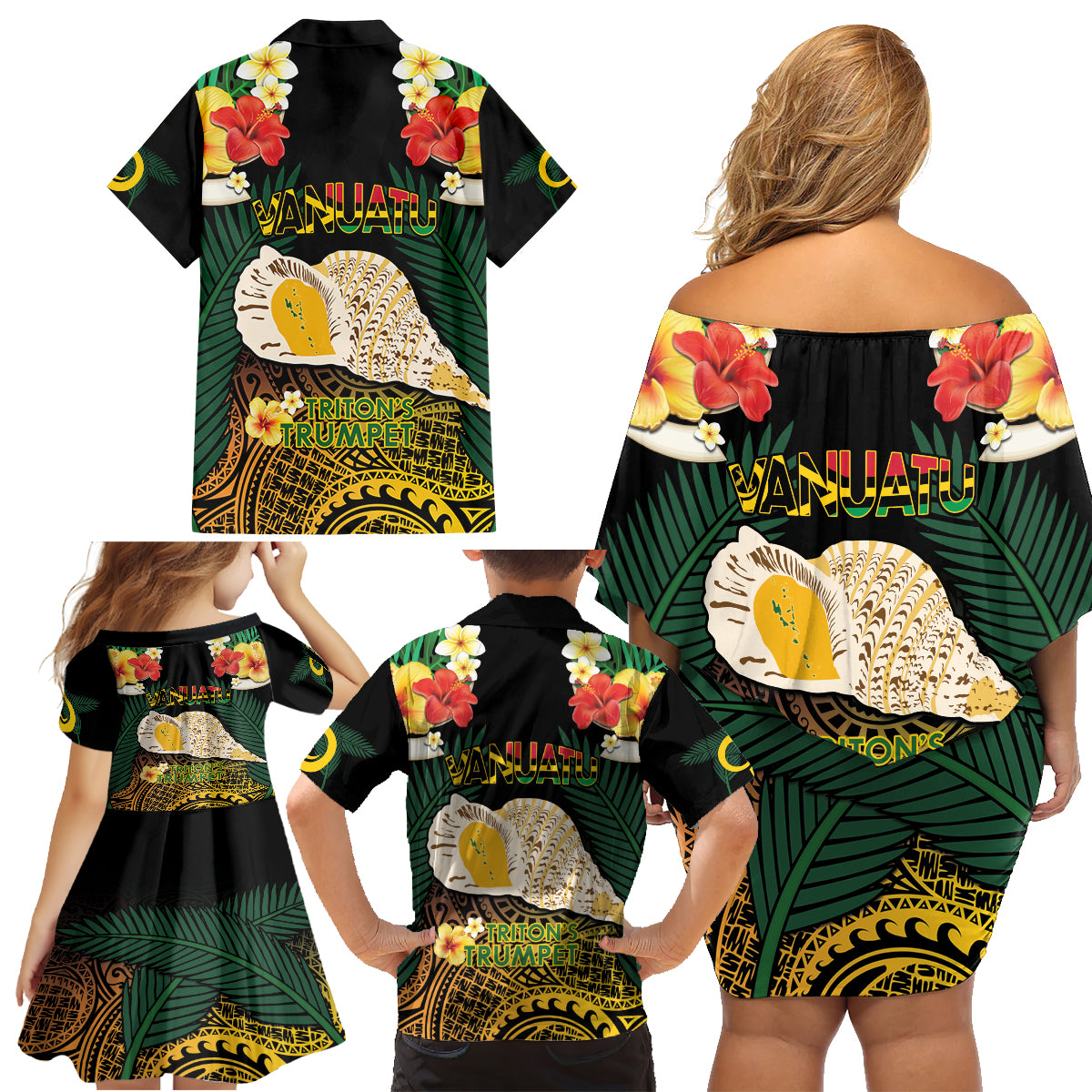 Vanuatu Triton's Trumpet Family Matching Off Shoulder Short Dress and Hawaiian Shirt Tropical Flowers Vanuatuan Map LT14 - Polynesian Pride