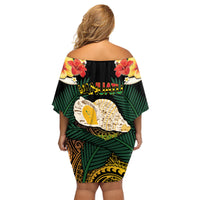 Vanuatu Triton's Trumpet Family Matching Off Shoulder Short Dress and Hawaiian Shirt Tropical Flowers Vanuatuan Map LT14 - Polynesian Pride