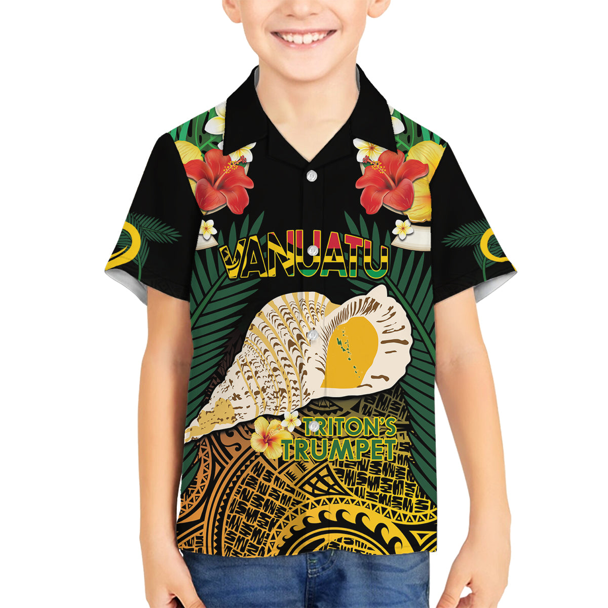 Vanuatu Triton's Trumpet Family Matching Off Shoulder Short Dress and Hawaiian Shirt Tropical Flowers Vanuatuan Map LT14 Son's Shirt Black - Polynesian Pride