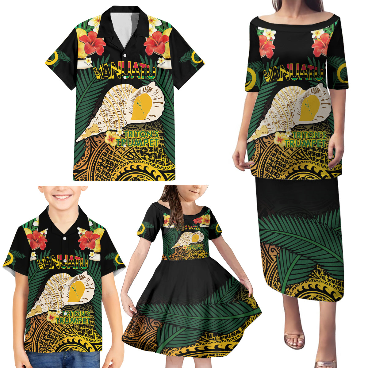 Vanuatu Triton's Trumpet Family Matching Puletasi and Hawaiian Shirt Tropical Flowers Vanuatuan Map LT14 - Polynesian Pride