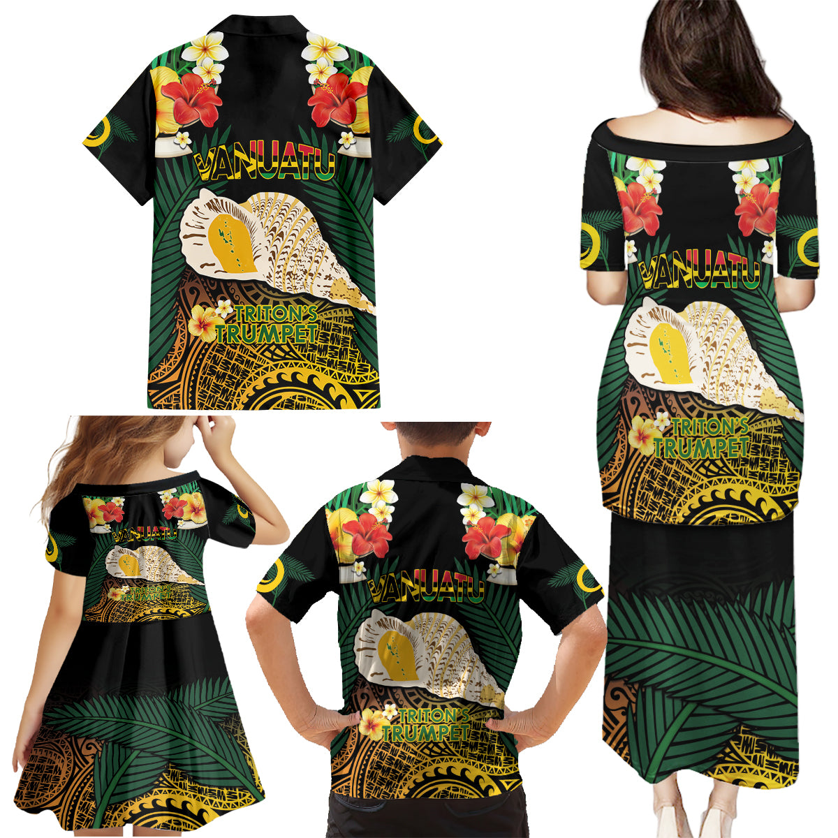 Vanuatu Triton's Trumpet Family Matching Puletasi and Hawaiian Shirt Tropical Flowers Vanuatuan Map LT14 - Polynesian Pride