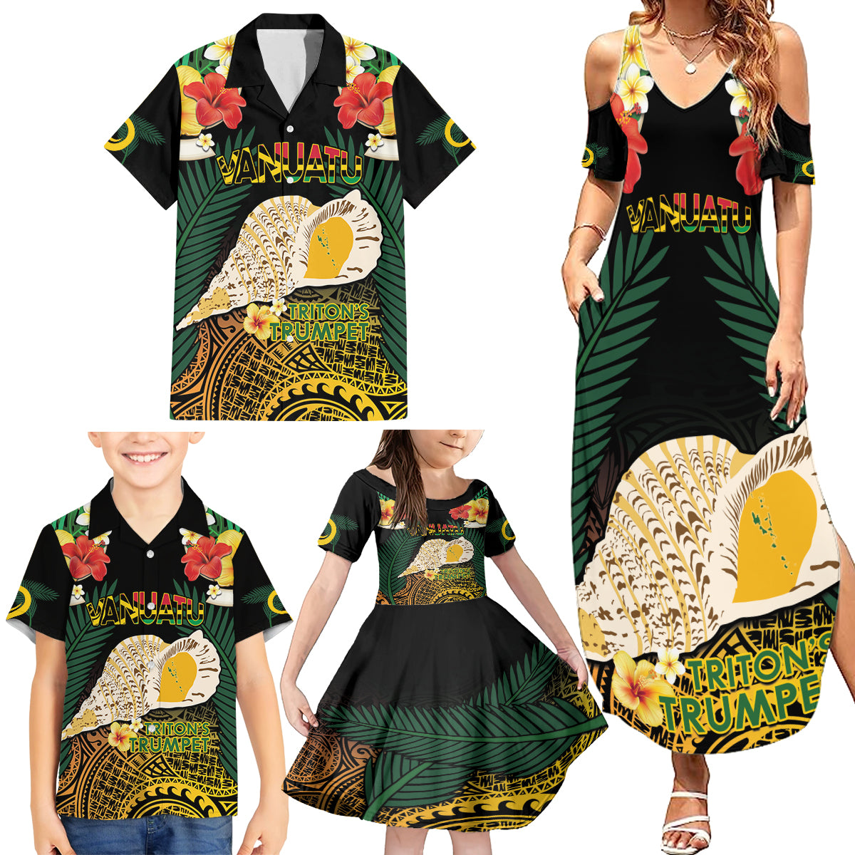 Vanuatu Triton's Trumpet Family Matching Summer Maxi Dress and Hawaiian Shirt Tropical Flowers Vanuatuan Map LT14 - Polynesian Pride