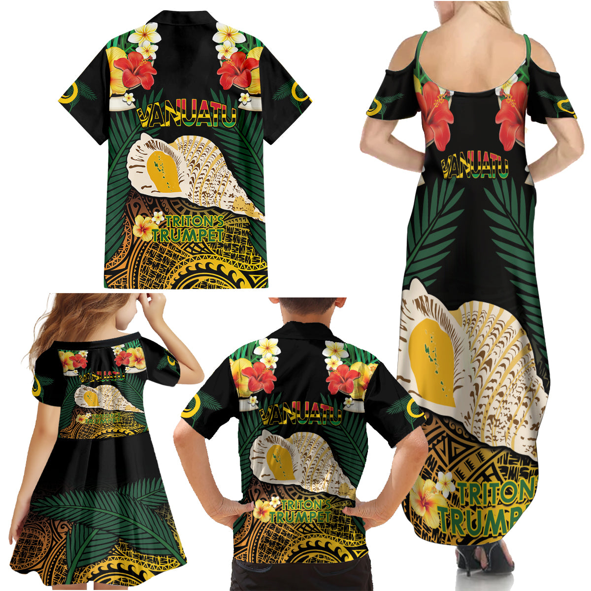 Vanuatu Triton's Trumpet Family Matching Summer Maxi Dress and Hawaiian Shirt Tropical Flowers Vanuatuan Map LT14 - Polynesian Pride