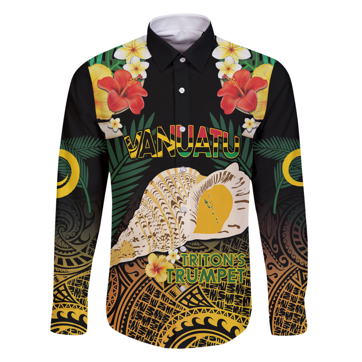 Vanuatu Triton's Trumpet Family Matching Summer Maxi Dress and Hawaiian Shirt Tropical Flowers Vanuatuan Map LT14 Dad's Shirt - Long Sleeve Black - Polynesian Pride