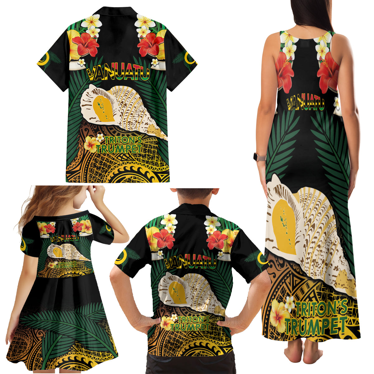 Vanuatu Triton's Trumpet Family Matching Tank Maxi Dress and Hawaiian Shirt Tropical Flowers Vanuatuan Map LT14 - Polynesian Pride