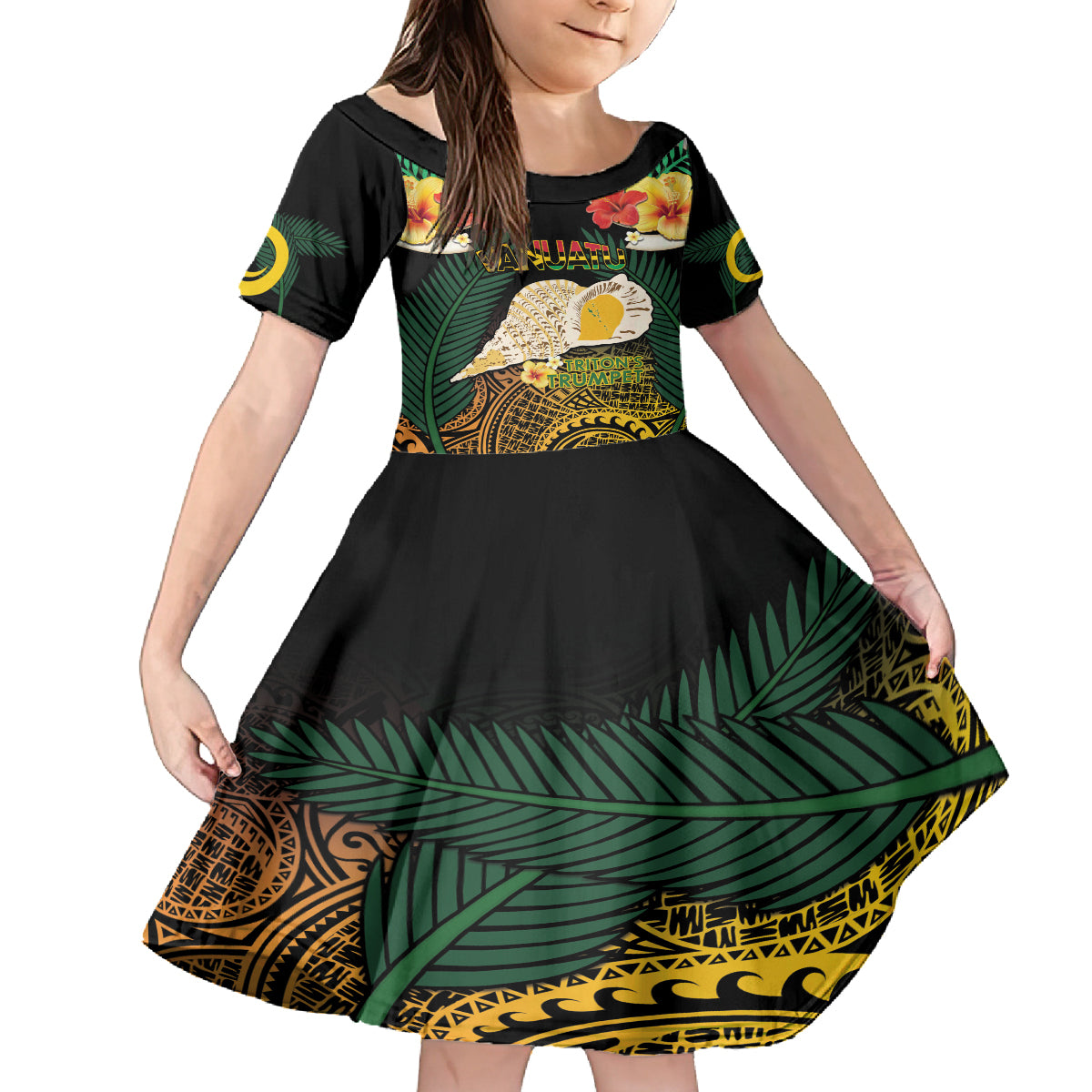 Vanuatu Triton's Trumpet Kid Short Sleeve Dress Tropical Flowers Vanuatuan Map