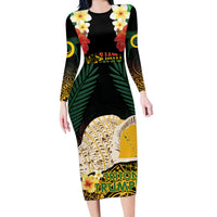 Vanuatu Triton's Trumpet Long Sleeve Bodycon Dress Tropical Flowers Vanuatuan Map LT14 Long Dress Black - Polynesian Pride