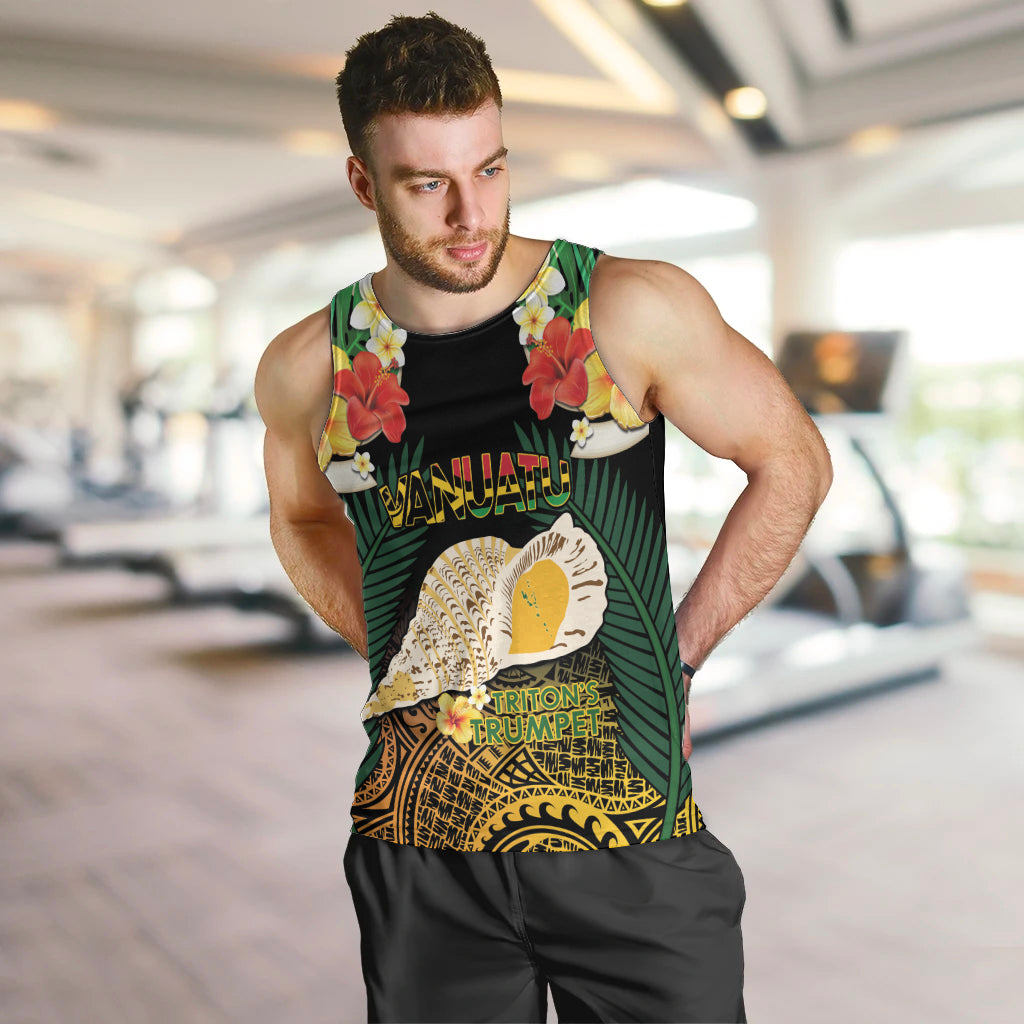 Vanuatu Triton's Trumpet Men Tank Top Tropical Flowers Vanuatuan Map LT14 Black - Polynesian Pride