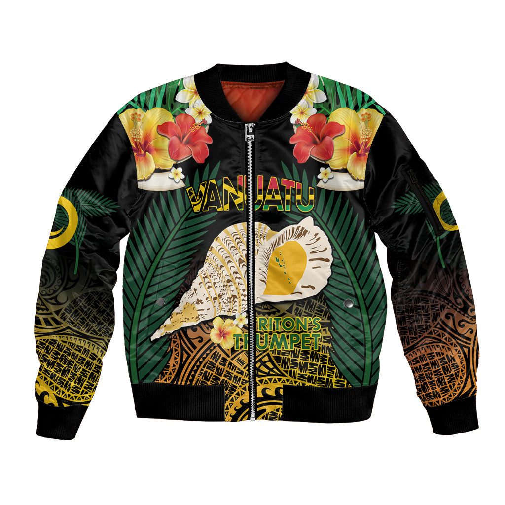 Vanuatu Triton's Trumpet Sleeve Zip Bomber Jacket Tropical Flowers Vanuatuan Map LT14 Unisex Black - Polynesian Pride