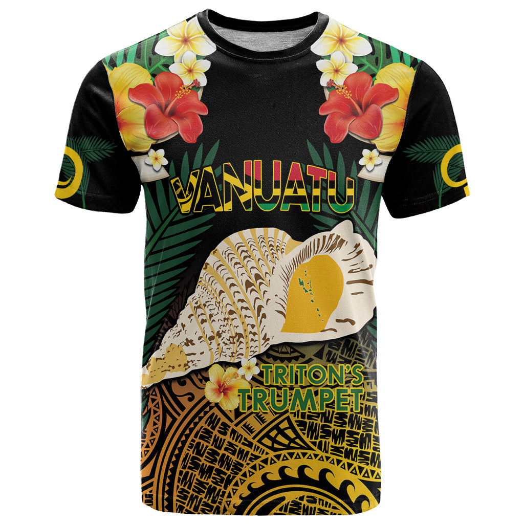 Vanuatu Triton's Trumpet T Shirt Tropical Flowers Vanuatuan Map LT14 Black - Polynesian Pride