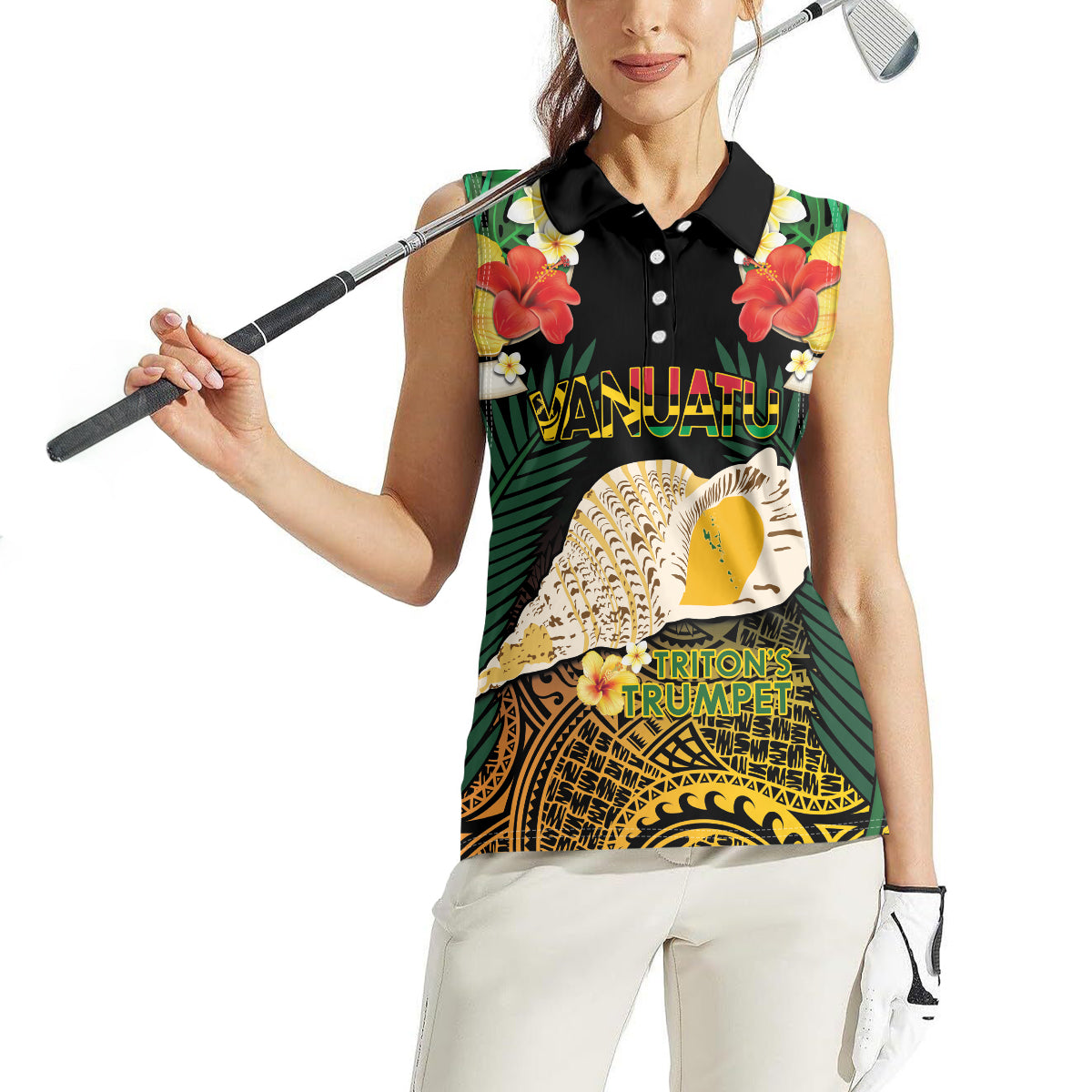 Vanuatu Triton's Trumpet Women Sleeveless Polo Shirt Tropical Flowers Vanuatuan Map LT14 - Polynesian Pride