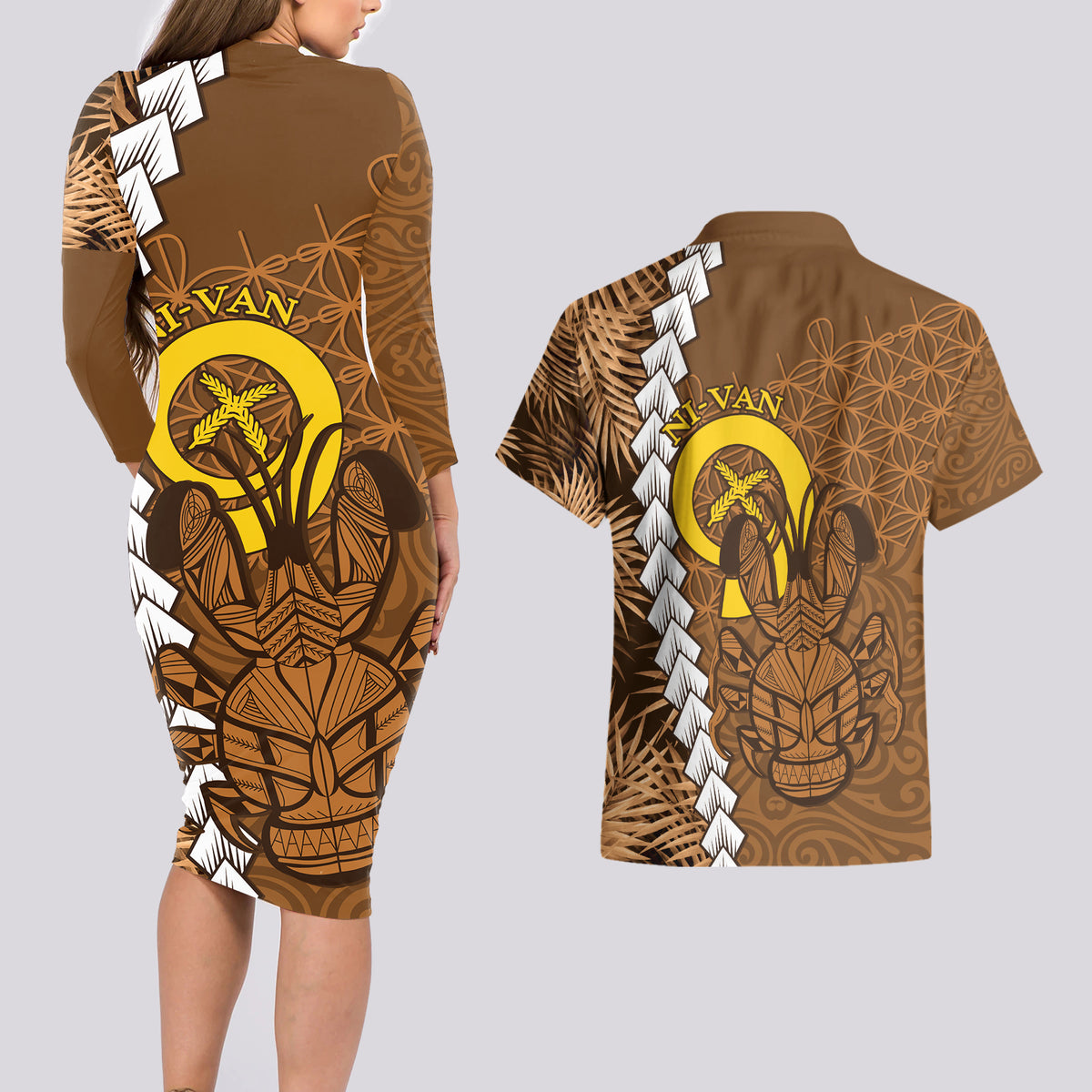 Vanuatu Coconut Crab Couples Matching Long Sleeve Bodycon Dress and Hawaiian Shirt Ni-Van Tropical Leaves With Sand Drawing Art LT14 - Polynesian Pride