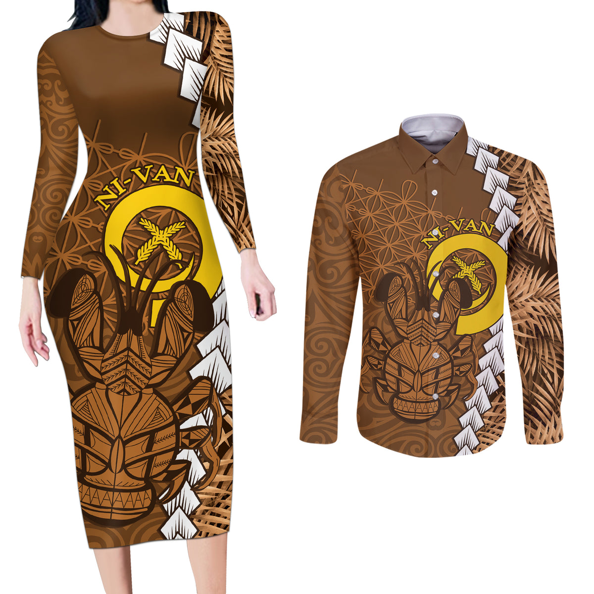 Vanuatu Coconut Crab Couples Matching Long Sleeve Bodycon Dress and Long Sleeve Button Shirt Ni-Van Tropical Leaves With Sand Drawing Art LT14 Brown - Polynesian Pride