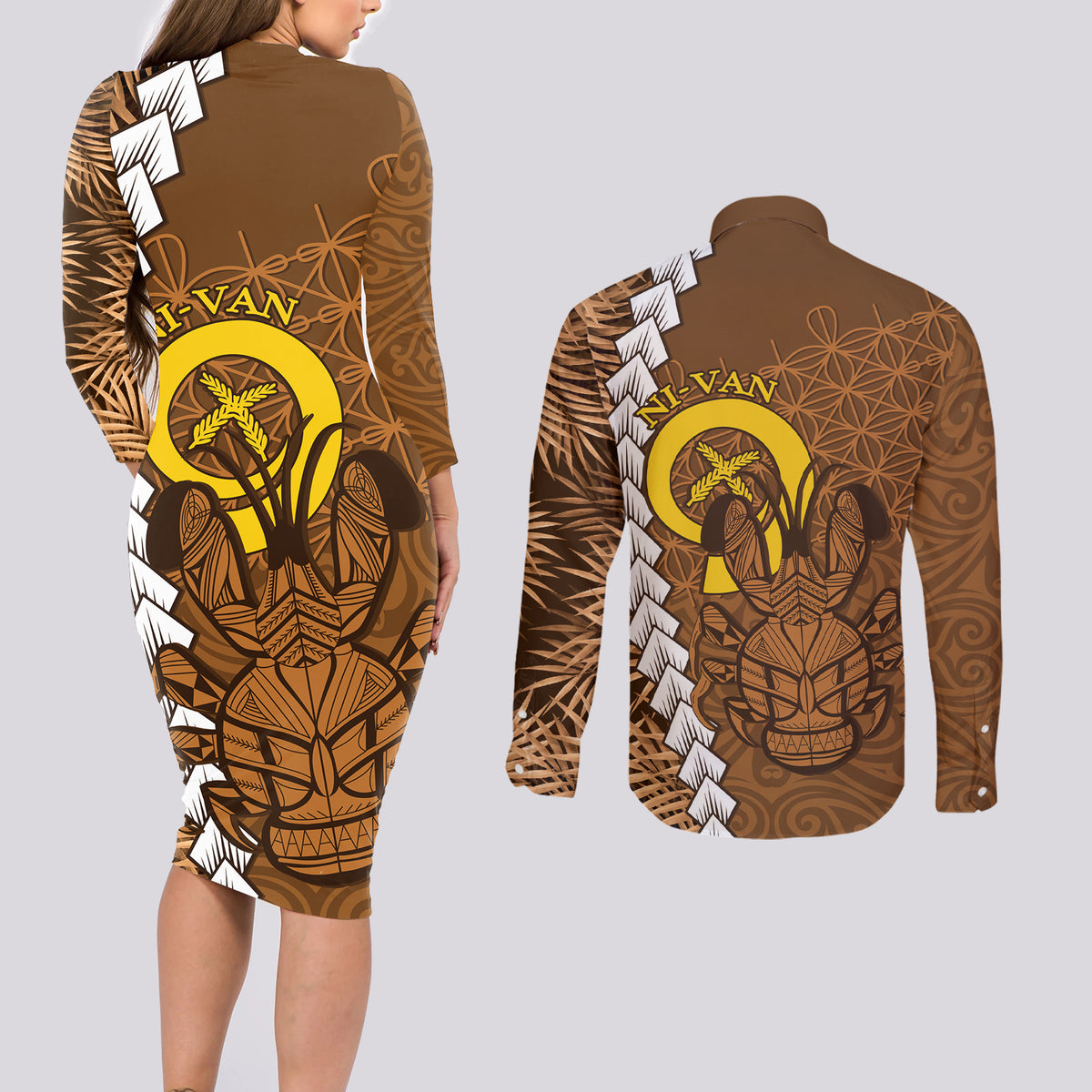 Vanuatu Coconut Crab Couples Matching Long Sleeve Bodycon Dress and Long Sleeve Button Shirt Ni-Van Tropical Leaves With Sand Drawing Art LT14 - Polynesian Pride