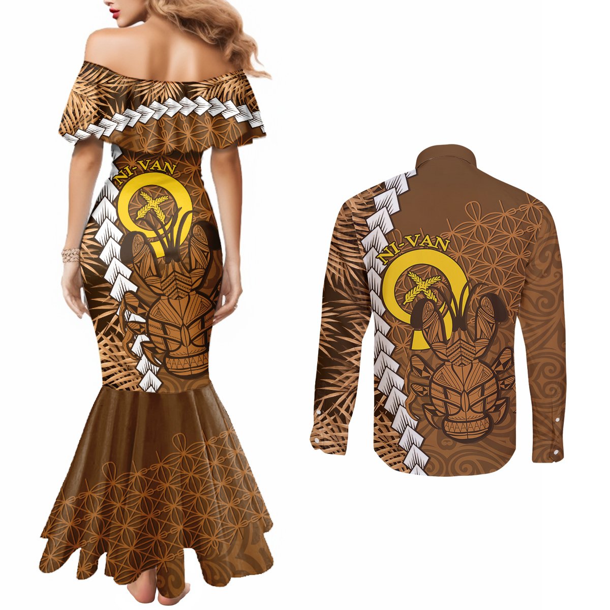 Vanuatu Coconut Crab Couples Matching Mermaid Dress and Long Sleeve Button Shirt Ni-Van Tropical Leaves With Sand Drawing Art LT14 - Polynesian Pride