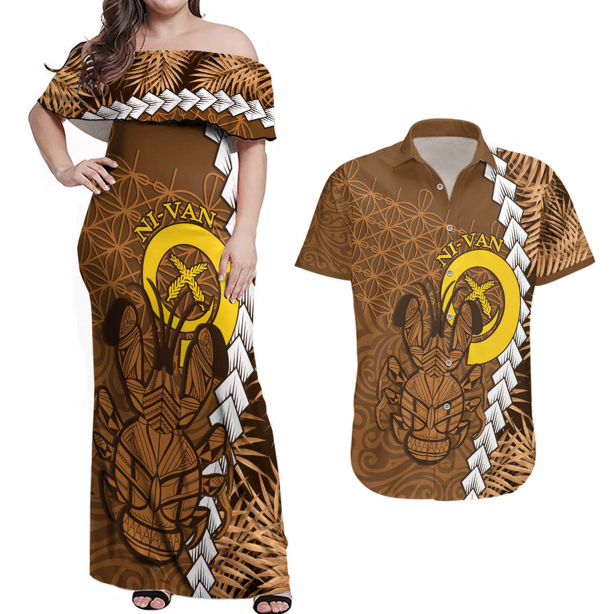 Vanuatu Coconut Crab Couples Matching Off Shoulder Maxi Dress and Hawaiian Shirt Ni-Van Tropical Leaves With Sand Drawing Art LT14 Brown - Polynesian Pride