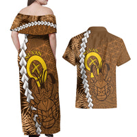 Vanuatu Coconut Crab Couples Matching Off Shoulder Maxi Dress and Hawaiian Shirt Ni-Van Tropical Leaves With Sand Drawing Art LT14 - Polynesian Pride