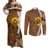 Vanuatu Coconut Crab Couples Matching Off Shoulder Maxi Dress and Long Sleeve Button Shirt Ni-Van Tropical Leaves With Sand Drawing Art LT14 Brown - Polynesian Pride