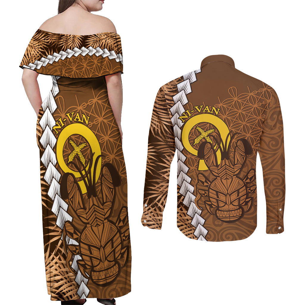 Vanuatu Coconut Crab Couples Matching Off Shoulder Maxi Dress and Long Sleeve Button Shirt Ni-Van Tropical Leaves With Sand Drawing Art LT14 - Polynesian Pride