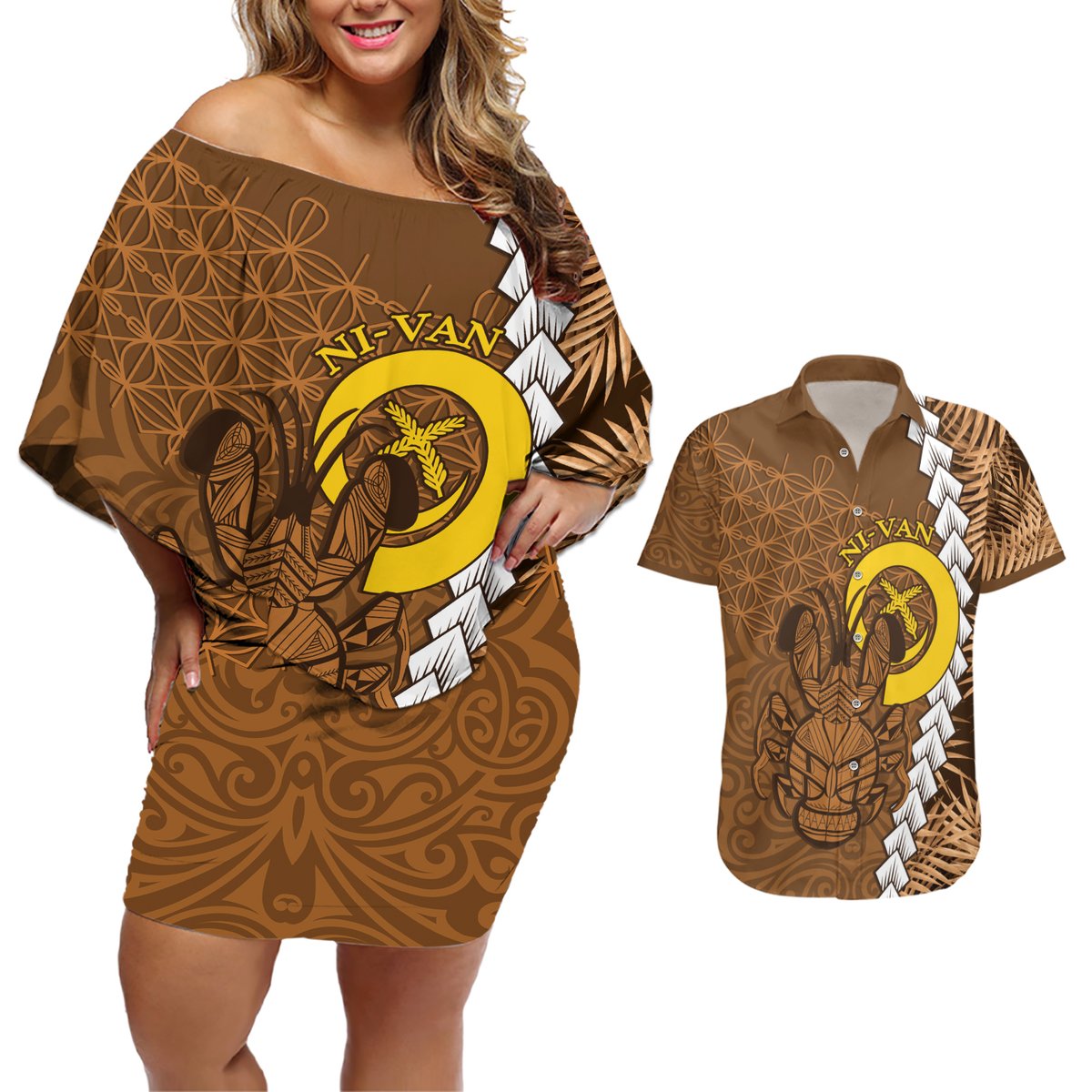 Vanuatu Coconut Crab Couples Matching Off Shoulder Short Dress and Hawaiian Shirt Ni-Van Tropical Leaves With Sand Drawing Art LT14 Brown - Polynesian Pride