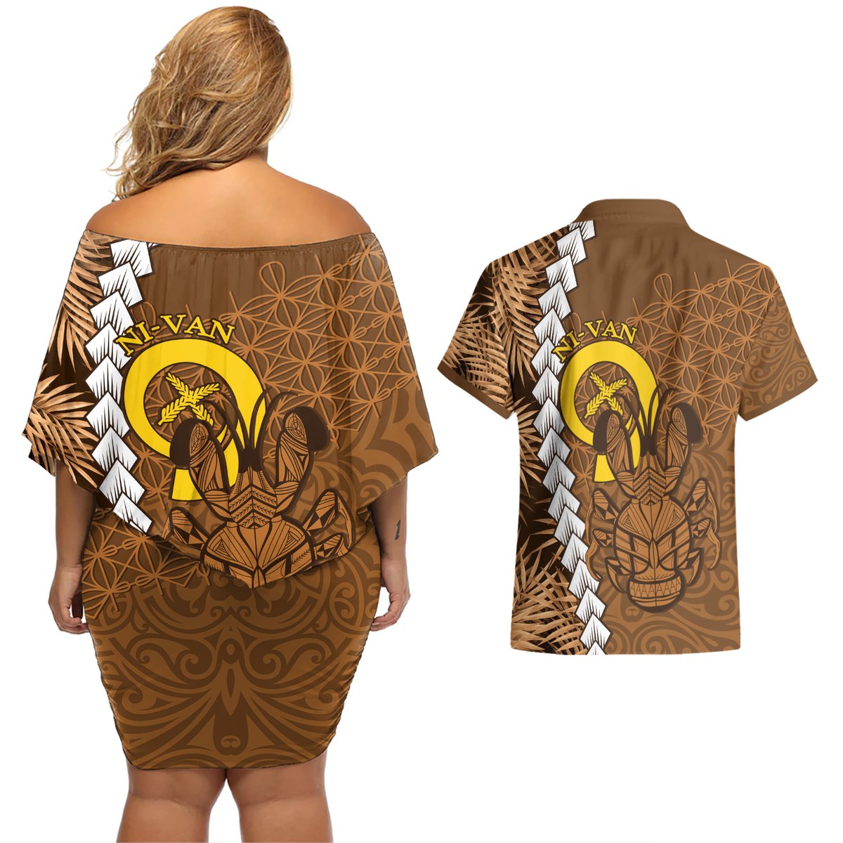 Vanuatu Coconut Crab Couples Matching Off Shoulder Short Dress and Hawaiian Shirt Ni-Van Tropical Leaves With Sand Drawing Art LT14 - Polynesian Pride