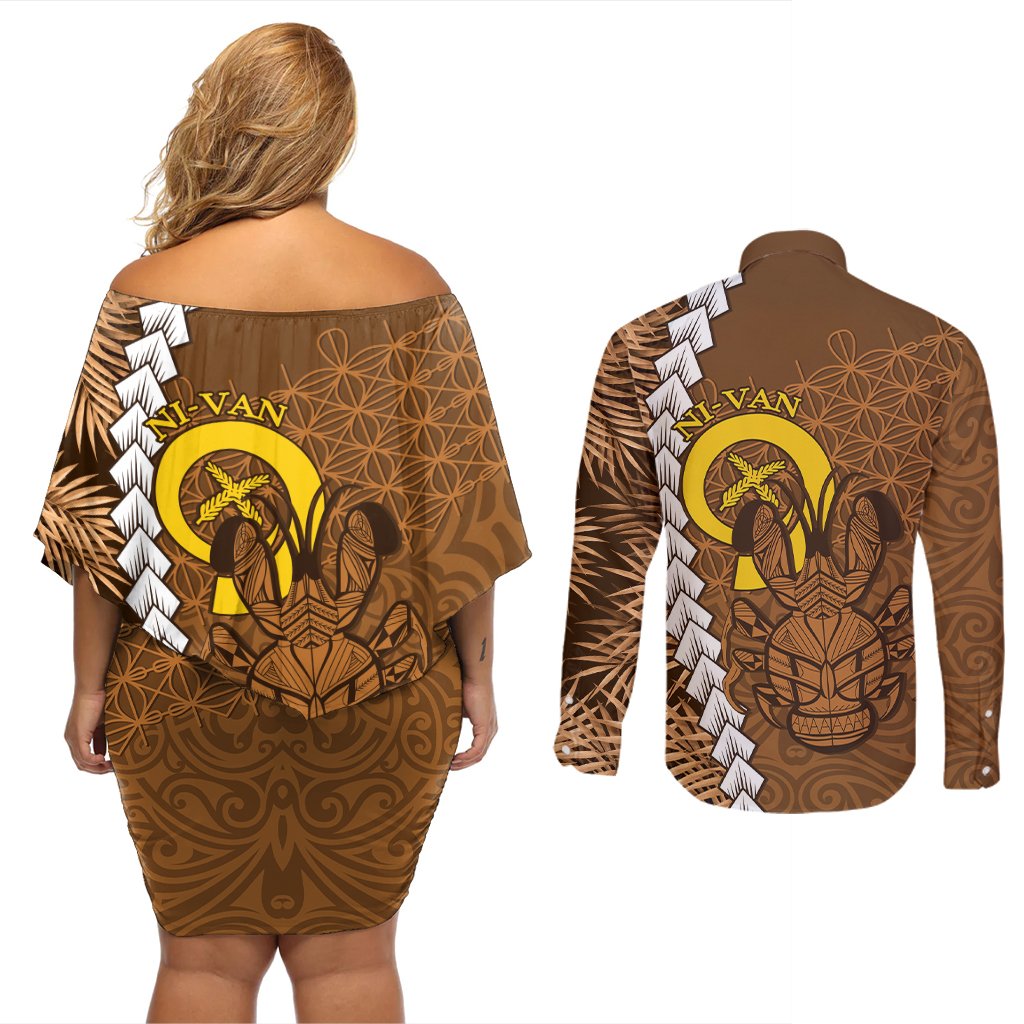Vanuatu Coconut Crab Couples Matching Off Shoulder Short Dress and Long Sleeve Button Shirt Ni-Van Tropical Leaves With Sand Drawing Art LT14 - Polynesian Pride