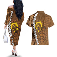 Vanuatu Coconut Crab Couples Matching Off The Shoulder Long Sleeve Dress and Hawaiian Shirt Ni-Van Tropical Leaves With Sand Drawing Art LT14 - Polynesian Pride