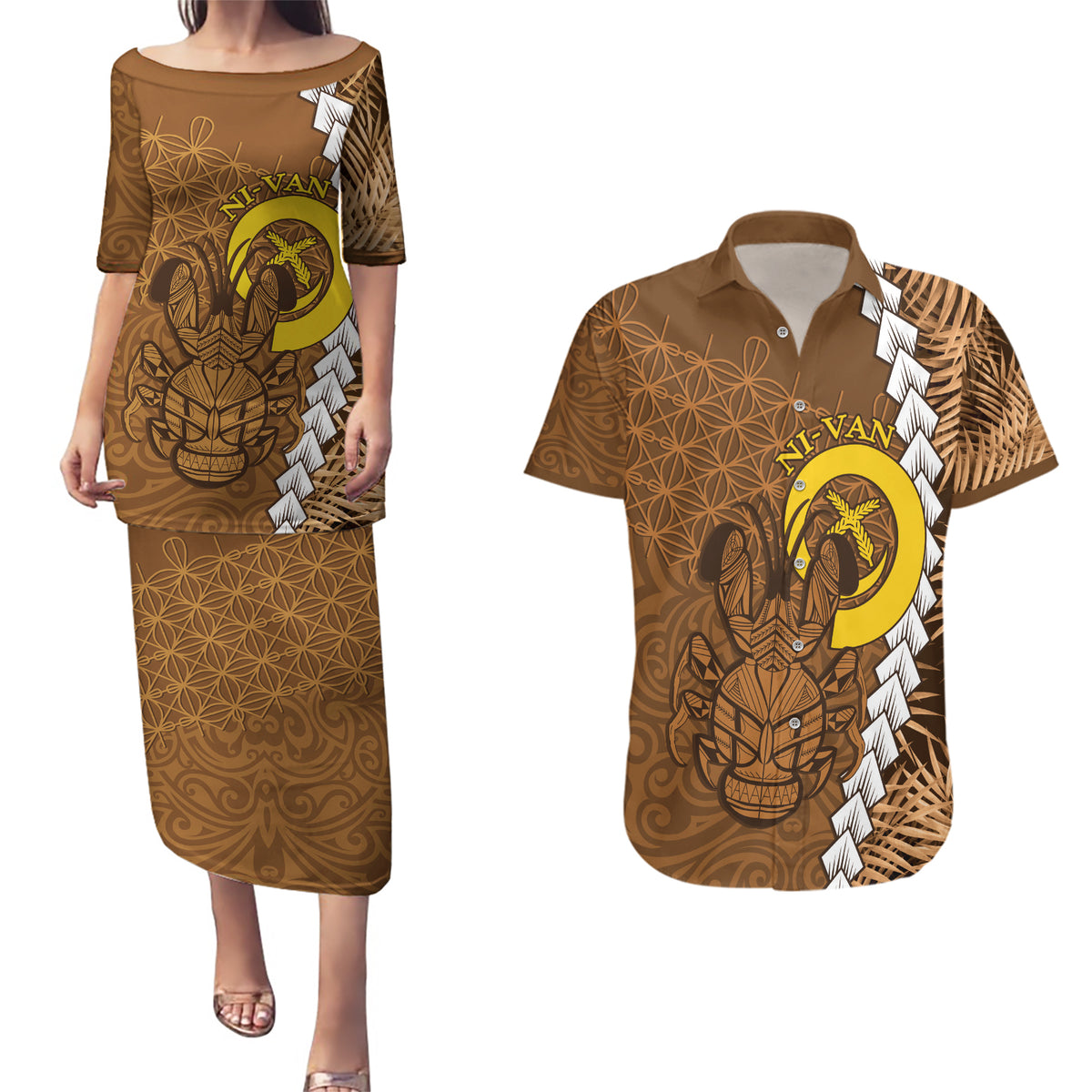 Vanuatu Coconut Crab Couples Matching Puletasi and Hawaiian Shirt Ni-Van Tropical Leaves With Sand Drawing Art LT14 Brown - Polynesian Pride