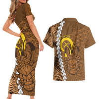Vanuatu Coconut Crab Couples Matching Short Sleeve Bodycon Dress and Hawaiian Shirt Ni-Van Tropical Leaves With Sand Drawing Art LT14 - Polynesian Pride