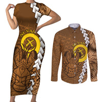 Vanuatu Coconut Crab Couples Matching Short Sleeve Bodycon Dress and Long Sleeve Button Shirt Ni-Van Tropical Leaves With Sand Drawing Art LT14 Brown - Polynesian Pride