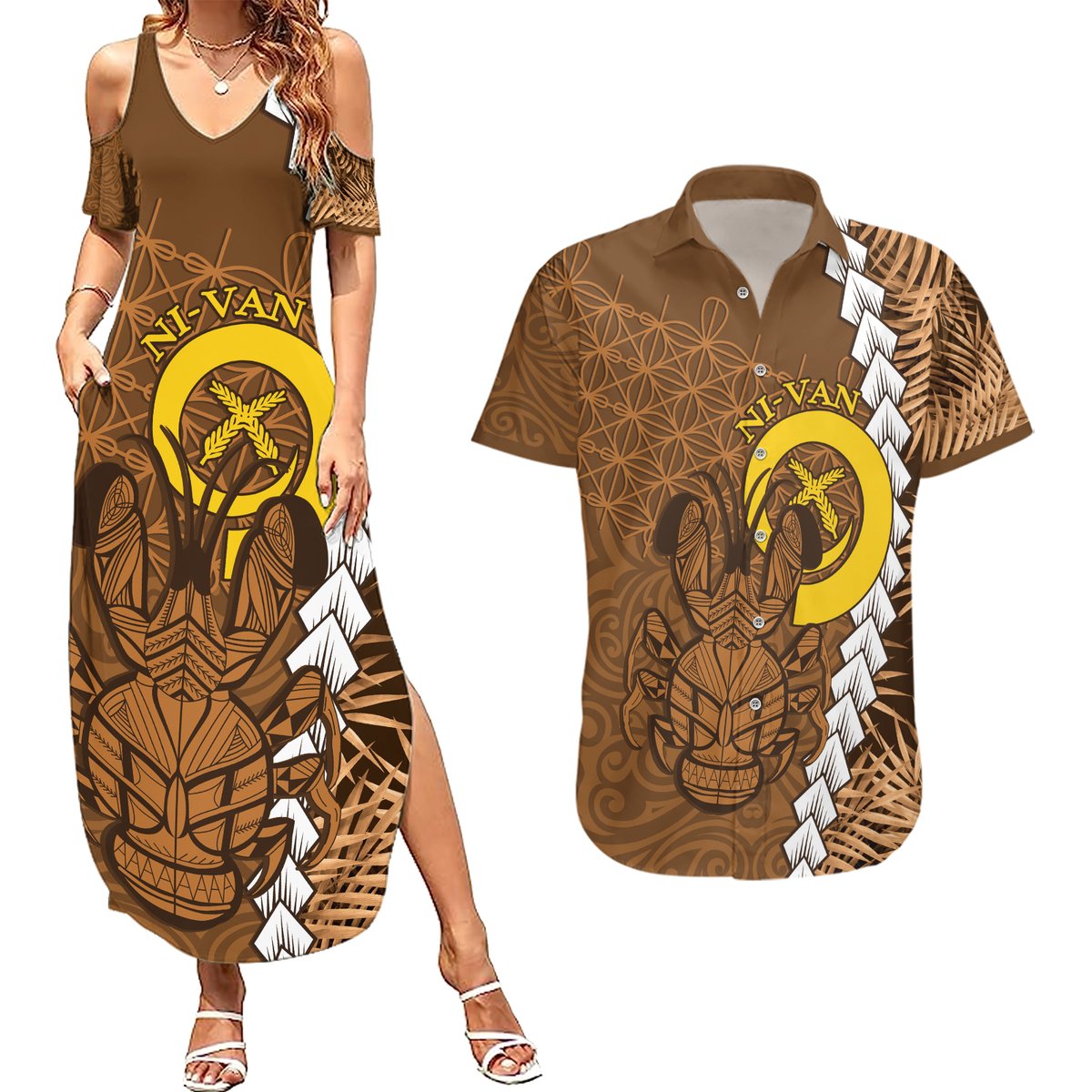 Vanuatu Coconut Crab Couples Matching Summer Maxi Dress and Hawaiian Shirt Ni-Van Tropical Leaves With Sand Drawing Art LT14 Brown - Polynesian Pride