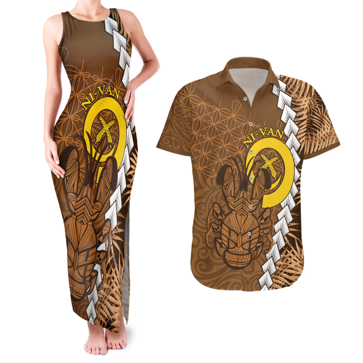 Vanuatu Coconut Crab Couples Matching Tank Maxi Dress and Hawaiian Shirt Ni-Van Tropical Leaves With Sand Drawing Art LT14 Brown - Polynesian Pride