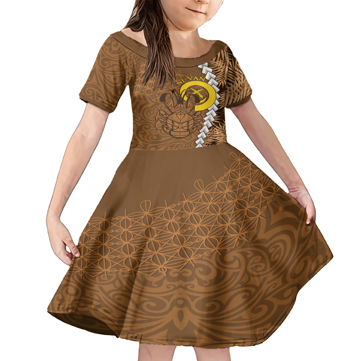 Vanuatu Coconut Crab Family Matching Long Sleeve Bodycon Dress and Hawaiian Shirt Ni-Van Tropical Leaves With Sand Drawing Art LT14 Daughter's Dress Brown - Polynesian Pride